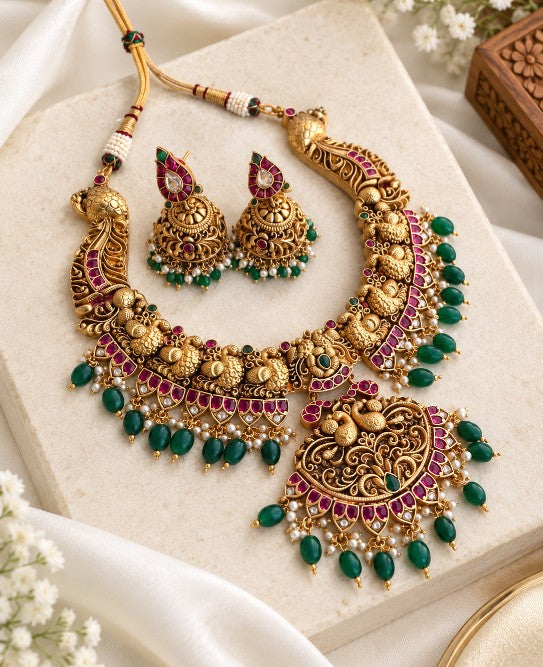 Tavisi Jewelry traditional Indian temple necklace set with matching earrings