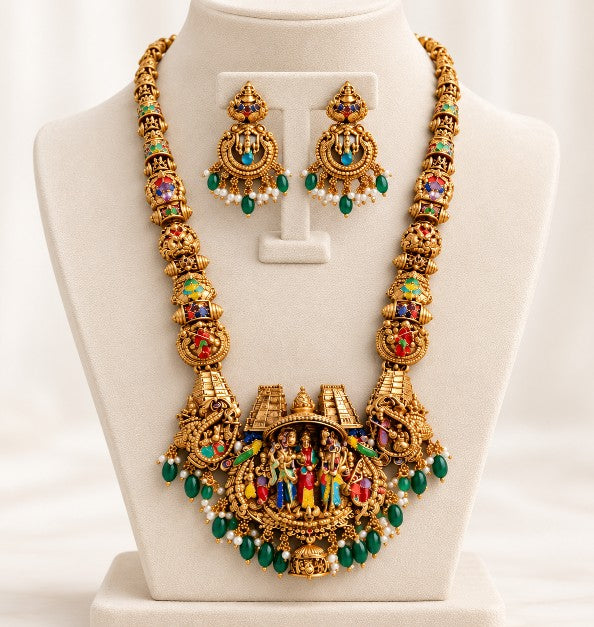 Tavisi Jewelry traditional Indian temple haaram necklace set with matching earrings
