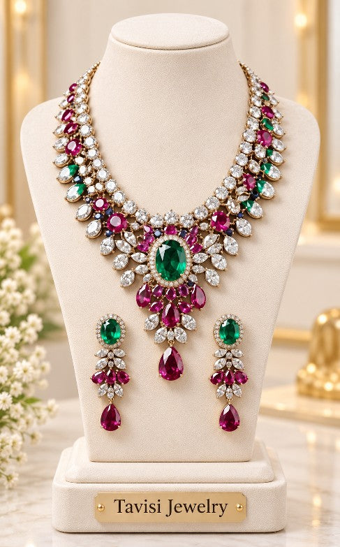 Tavisi premium AD CZ necklace set bridal jewellery collection