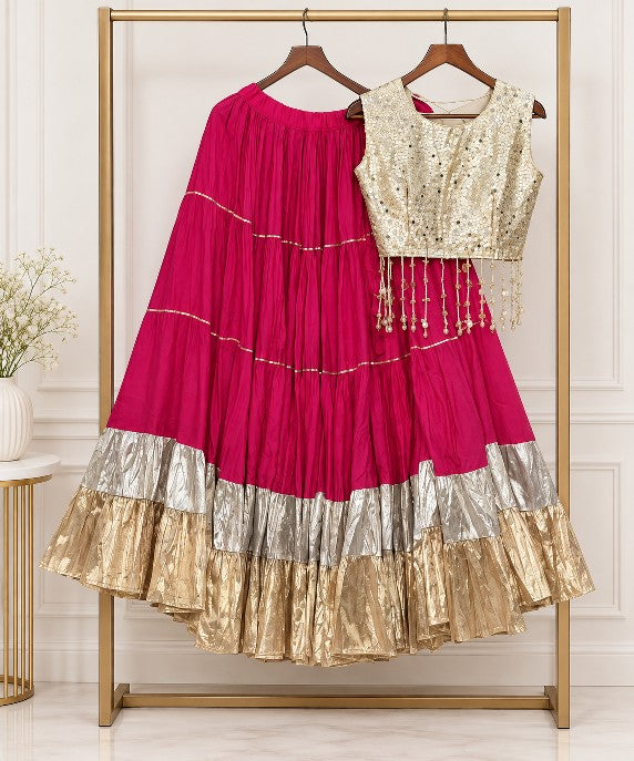 Elegant party wear Lehenga Choli for women featuring decorative detailing and stylish blouse, perfect for weddings, festivals and special occasions.