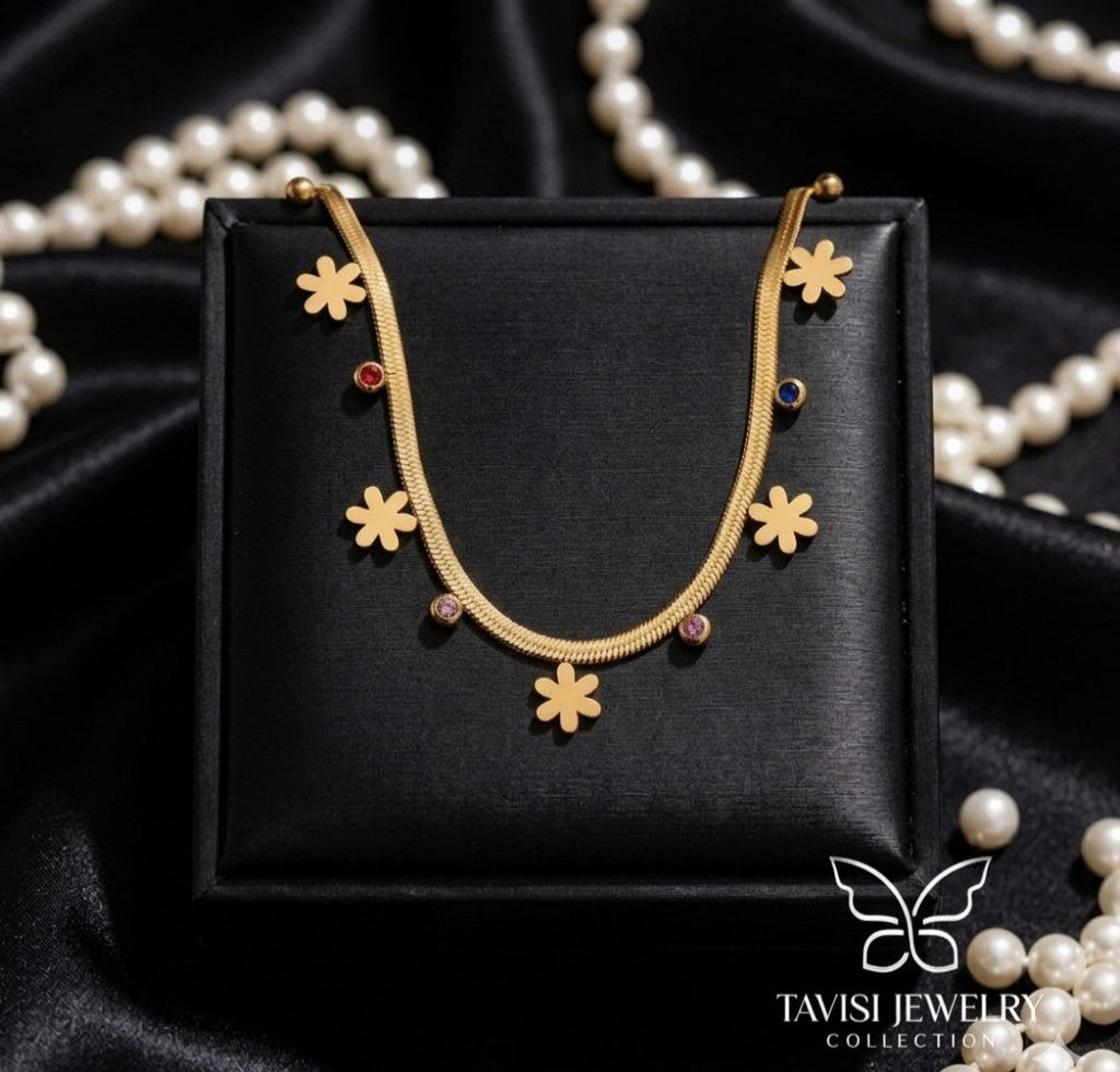 flower charm tanmaniya necklace gold
gold necklace with flower charms
anti tarnish flower necklace
daily wear gold necklace adjustable
minimal floral jewellery