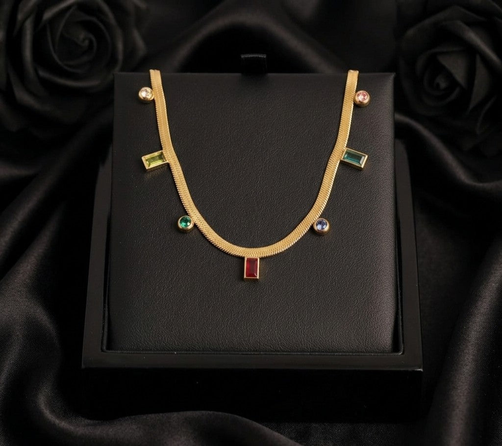 multi stone tanmaniya necklace gold
colourful stone necklace daily wear
anti tarnish multi stone necklace
trendy gold necklace with stones
minimal colourful necklace