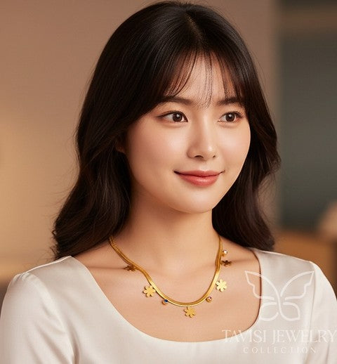 flower charm tanmaniya necklace gold
gold necklace with flower charms
anti tarnish flower necklace
daily wear gold necklace adjustable
minimal floral jewellery