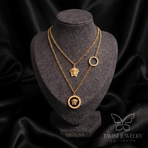 Tavisi Dual Medallion Charm Necklace – Anti Tarnish Gold