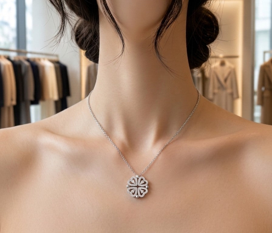 Tavisi Reversible Flower Heart CZ Pendant Necklace