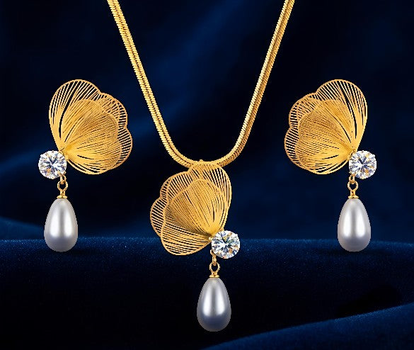 Tavisi Floral CZ Pearl Necklace & Earrings Set