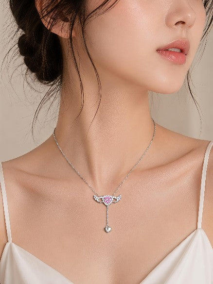 Tavisi Silver Pink Heart Drop Pendant Necklace | Anti-Tarnish CZ Necklace