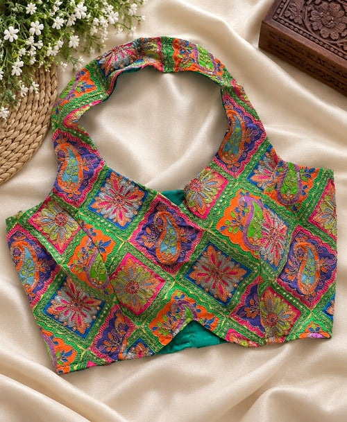 Multicolor Khadi Cotton Printed Designer Saree Blouse | Ready-to-Wear Halter Neck Blouse