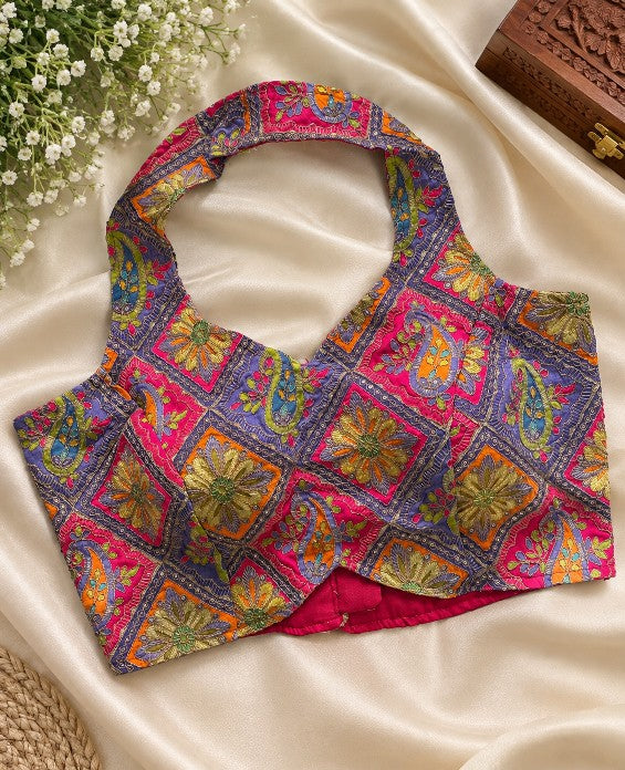 Multicolor Khadi Cotton Printed Designer Saree Blouse | Ready-to-Wear Halter Neck Blouse