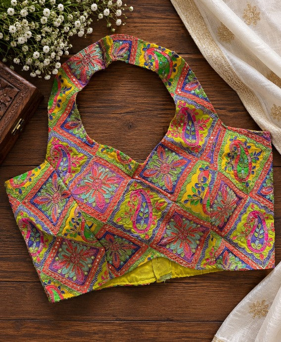 Multicolor Khadi Cotton Printed Designer Saree Blouse | Ready-to-Wear Halter Neck Blouse