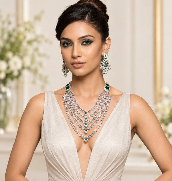AD CZ bridal jewellery set featuring a layered statement necklace, matching earrings and ring in silver-tone finish for Indian weddings and special occasions