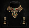 Aaradhya Polki Kundan Pearl Choker Necklace Set with green and red stones