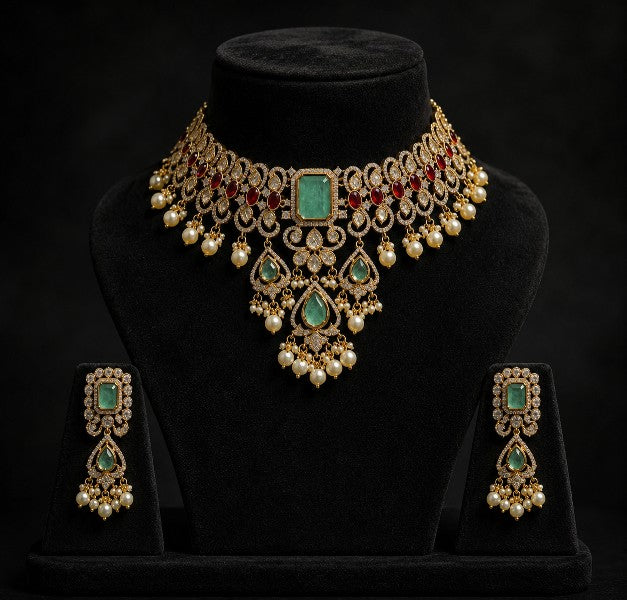 Aaradhya Polki Kundan Pearl Choker Necklace Set with green and red stones