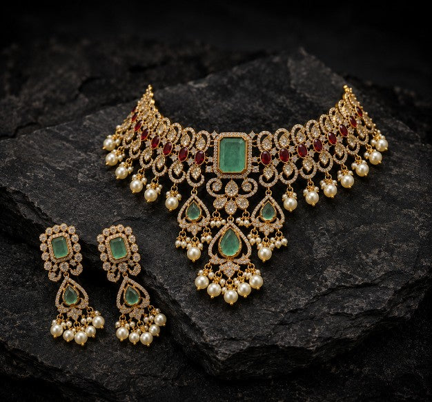 Aaradhya Polki Kundan bridal necklace set with pearl detailing and matching earrings