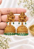 Alloy Vijayalakshmi Lakshmi Devi jhumka earrings with green bead drops