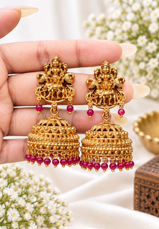 Alloy Vijayalakshmi Lakshmi Devi jhumka earrings with red bead drops