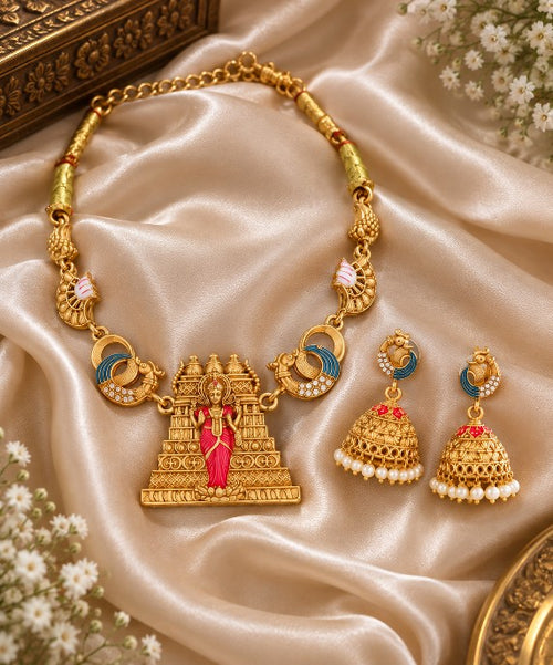 Amman Meena necklace set with Goddess Amman pendant, peacock motifs and matching jhumka earrings, South Indian temple jewellery