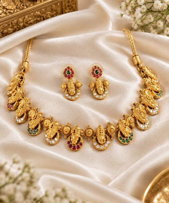 Balaji Half Shanku Chakra necklace set with high gold plating, South Indian temple jewellery design and matching earrings
