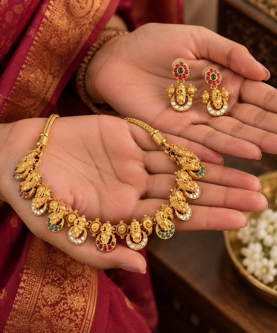 Traditional South Indian Balaji Shanku Chakra necklace and earrings set with gold plated temple jewellery design and colourful stones