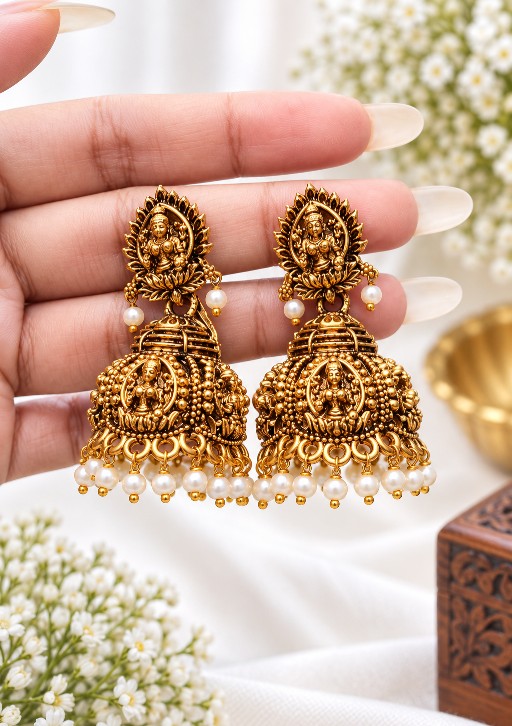 Black and gold Lakshmi jhumka earrings with intricate temple-inspired detailing and white pearl drops