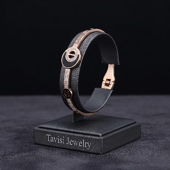 Tavisi black half moon bracelet with CZ stones in rose gold plated 316L surgical stainless steel with open lock design size 2.4
