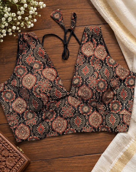 Black and rust Ajrakh printed soft cotton saree blouse with traditional geometric and floral motifs
