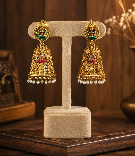 Devika Premium Antique Brass Meenakari Raja Gopuram Jhumka Earrings with colourful detailing and pearl drops