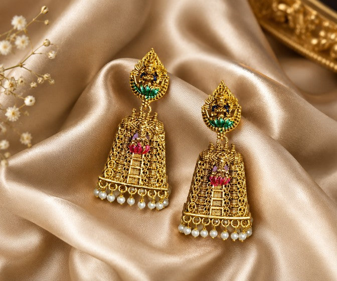 Devika Premium Antique Brass Meenakari temple Jhumka earrings with green and red detailing and pearl drops