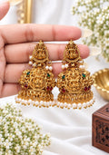 Divya Lakshmi gold-tone jhumka earrings with green and ruby-red stones and white pearl drops