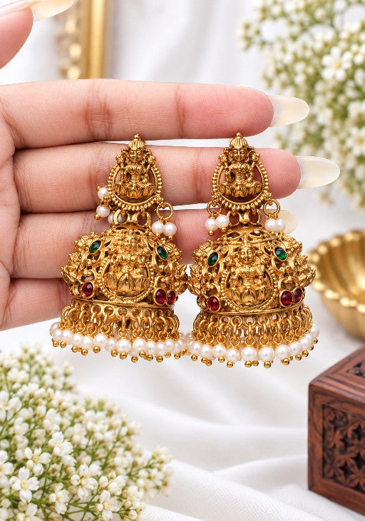 Divya Lakshmi gold-tone jhumka earrings with green and ruby-red stones and white pearl drops