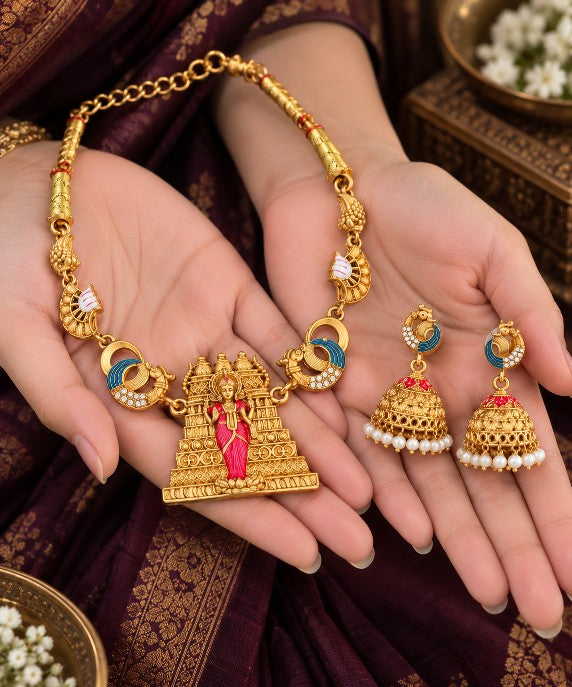 Goddess Amman Meena necklace with colourful red and blue detailing, traditional South Indian temple jewellery for women