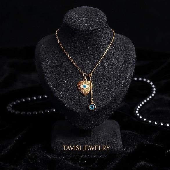 Gold Evil Eye Pendant Necklace with Blue Eye Drop 316L Surgical Steel 22K gold plated - Tavisi Jewelry Collection