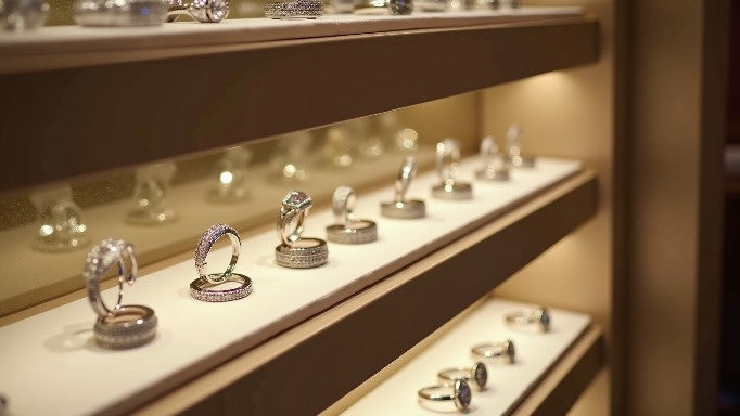 Indian jewellery collection featuring elegant rings displayed in a premium jewellery showcase, including traditional and contemporary designs for women