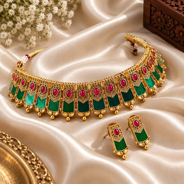 Kerala model Palakka necklace with green Palakka design and ruby coloured stones, traditional South Indian jewellery