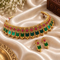 Kerala model Palakka necklace with green Palakka design and ruby coloured stones, traditional South Indian jewellery