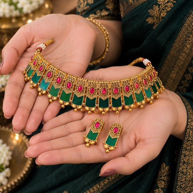 Traditional Kerala Palakka mala featuring green Palakka panels and ruby coloured stones, South Indian jewellery for women