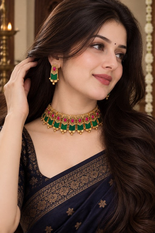 Kerala Palakka necklace and matching earrings with green Palakka design and ruby coloured stones, traditional Kerala jewellery