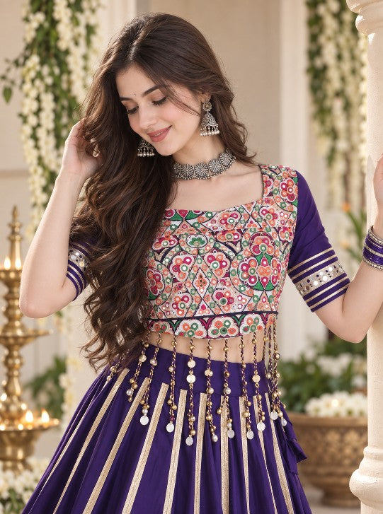 Purple lehenga blouse featuring Kutchi Gamthi embroidery and real mirror work
