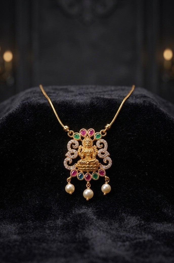 Lakshmi alloy pendant necklace with multicolor stones and pearl drops, traditional invisible pendant chain for women