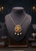 Lakshmi Devi invisible pendant chain with multicolor stone work and pearl drops, traditional Indian alloy pendant necklace for women