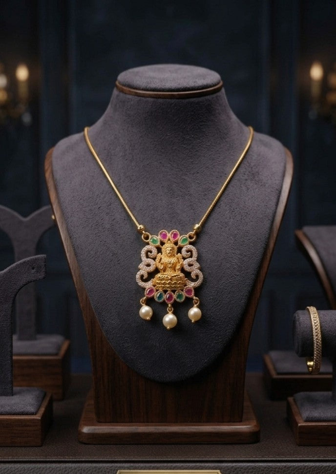 Lakshmi Devi invisible pendant chain with multicolor stone work and pearl drops, traditional Indian alloy pendant necklace for women