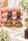 Lakshmi Rangoli Royal Temple Jhumka with colourful Goddess Lakshmi design, gold-tone detailing and white pearl drops