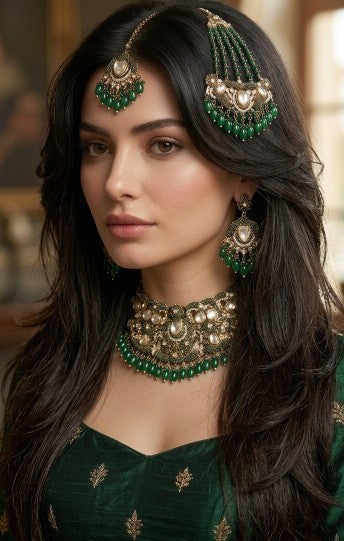 Luxury Turkish-inspired antique finish statement choker jewelry set crafted in premium brass with CZ, AD stones, baroque pearls and emerald green beads for bridal and festive wear.