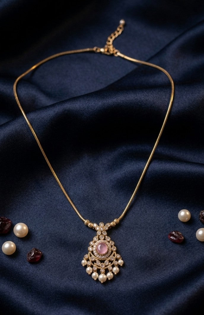 Madhavi pink stone AD necklace with pearl drops and invisible chain, traditional alloy jewellery for women