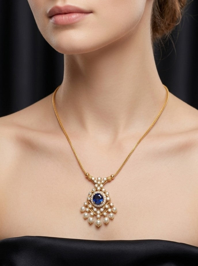 Madhavi traditional AD stone invisible pendant chain with detailed pendant and pearl drops, elegant alloy necklace for women