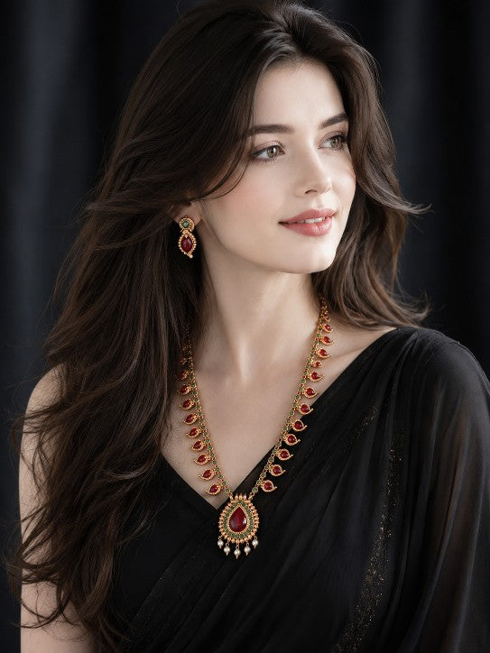 Mango Palakka emerald ruby necklace set with matching earrings, green stone mango motifs and pearl drop pendant, traditional Indian jewellery for women