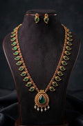 Mango Palakka long haram with green Palakka stones and ruby stone detailing, traditional brass South Indian necklace for women