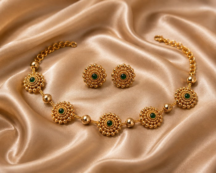 Mullai gold plated green stone choker set with multicolor detailing and matching earrings, traditional South Indian alloy jewellery for women