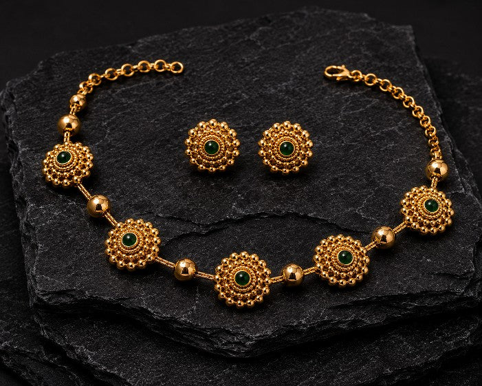 Mullai traditional South Indian choker necklace set with green stones, gold plated alloy finish and matching earrings for women
