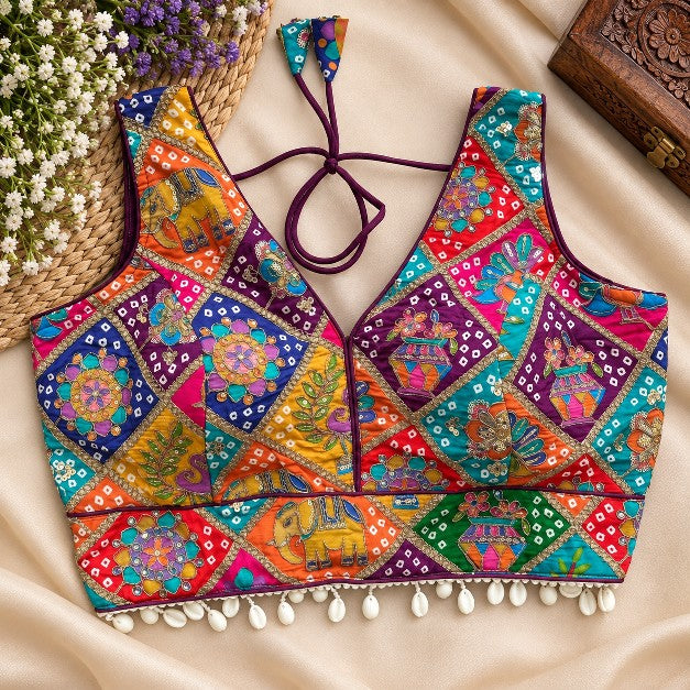 Multicolor crepe silk designer saree blouse with traditional position print, Kodi work and cowrie shell-style border